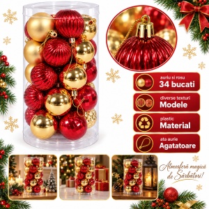 Set 34 globuri de Crăciun, auriu și roșu, diverse modele, plastic, tub 44 × 23 cm