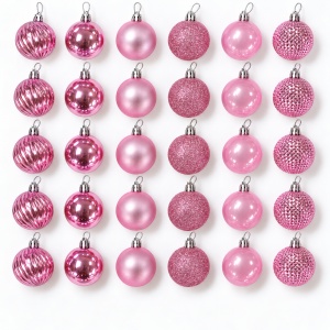 Set 36 globuri de Crăciun roz, 6 modele, plastic, agățătoare argintie, cutie 29 x 14 cm - Img 11