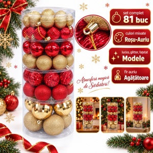 Set 81 buc globuri de Crăciun, roșu și auriu, plastic, diverse modele, cu agățătoare aurie