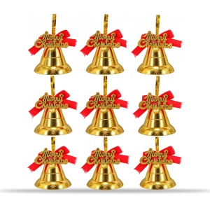 Set 9 buc Clopoței aurii de brad, fundiță roșie, plastic și PVC, 3,5 cm, aprox. 5,5×5,5 cm - Img 7