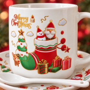 Set cadou de Crăciun cană ceramică cu farfurioară și linguriță, 3 piese, 16x18cm - Img 4