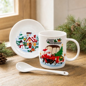 Set cană ceramică cu linguriță și farfurioară, model Moș Crăciun, idee cadou, 16x18cm - Img 2