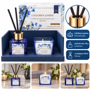 Set cu lumânare din soia și difuzor cu bețișoare, aroma iasomie, cutie albastra