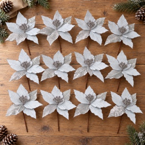 Set de 12 decoratiuni de Crăciun in forma de floare, argintiu cu sclipici, 37x22 cm - Img 2