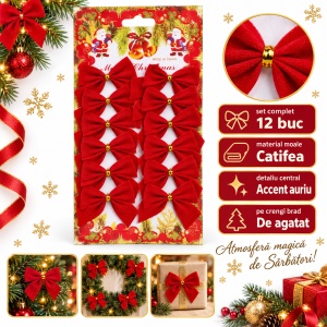 Set de 12 fundițe catifea pentru brad de Crăciun, roșii cu accent auriu, 21x10 cm