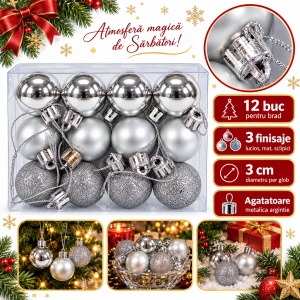 Set de 12 Globulețe Argintii pentru Brad, Lucioase, Mate și cu Sclipici, din Plastic, 3 cm - Img 2