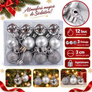 Set de 12 Globulețe Argintii pentru Brad, Lucioase, Mate și cu Sclipici, din Plastic, 3 cm