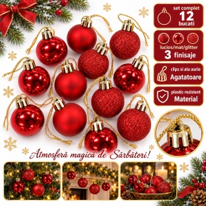 Set de 12 globulete de Craciun rosii, diverse modele in set, din plastic, 3cm - Img 2