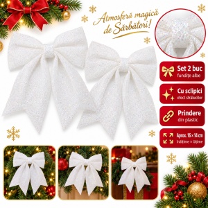 Set de 2 buc Cu Fundițe decorative de Crăciun albe cu sclipici, prindere plastic, 30x20 cm