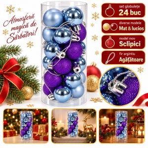 Set de 24 globuri de brad, albastru si mov, din plastic, modele diverse, 20 × 7,5 cm