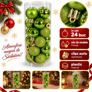 Set de 24 globuri de brad, verzi, din plastic, modele diverse, 20 × 7,5 cm - Img 2