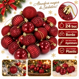 Set de 24 globuri de Crăciun , bordo, din plastic, modele diverse in set - Img 2