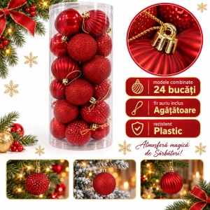 Set de 24 Globuri de Crăciun roșii, modele combinate, din plastic