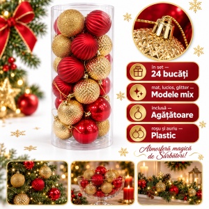 Set de 24 globuri de Crăciun, roșu-auriu, modele mixte, din plastic, 44×14 cm - Img 2