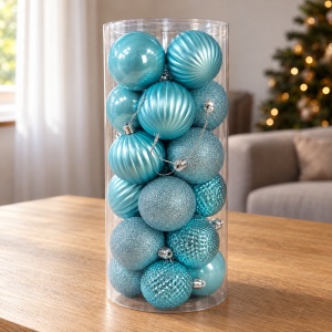 Set de 24 globuri pentru brad, din plastic, albastru deschis, modele diverse, 40 × 17 cm - Img 4