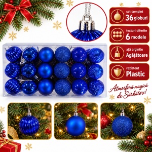 Set de 36 globulete de brad, albastre, din plastic, modele asortate in set, 30 x 15 cm