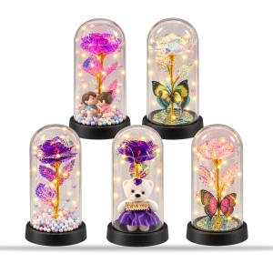Set de 5 Cupole cu trandafir artificial și lumini LED, modele aleatorii , din plastic - Img 6
