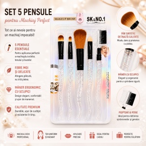 Set de 5 Pensule Profesionale pentru Machiaj – Mânere cu Sclipici Multicolor și Fibre Ultra-Moi - Img 2