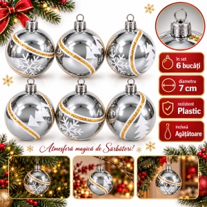 Set de 6 globuri de Crăciun argintii, din plastic, model cu brăduți și fulgi cu sclipici, 7cm - Img 2