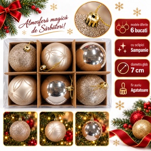 Set de 6 globuri de Crăciun, Champagne, din plastic, modele diferite cu sclipici, 7cm - Img 2