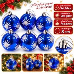 Set de 6 globuri de Crăciun, din plastic, albastru intens, model cu stele argintii cu sclipici, 8 cm