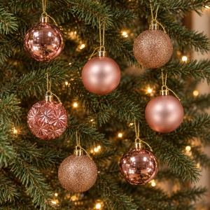 Set de 7 globuri de Crăciun, rose-gold, din plastic, diverse modele in set, 6cm - Img 4