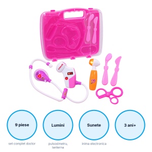 Set doctor jucarie pentru fetite, 9 piese, cu lumini si sunete, valiza roz - Img 3