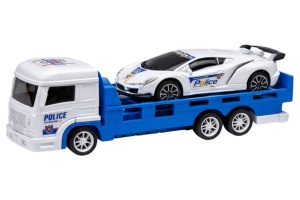 Set Jucării Transportor Platformă și Mașină de Poliție, Plastic, 33 cm, Albastru