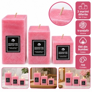 Set lumânări parfumate din ceară, 3 mărimi, fitil din bumbac, roz deschis, 21 × 16 cm