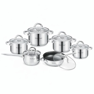 Set oale inox HausRoland 12 piese cu capace din sticlă, tigaie și cratiță, compatibil inducție