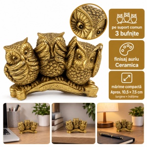 Statueta decorativa 3 bufnite aurii, nu vad nu aud nu vorbesc, ceramica, 8,5 cm