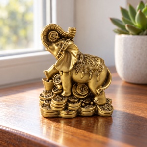 Statuetă elefant feng shui din rășină, auriu, cu trompa ridicată, pe monede, aprox. 10 × 8 cm - Img 3
