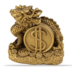 Statuetă feng shui dragon cu monedă norocoasă, ceramică aurie, aprox. 9 × 8 cm - Img 2