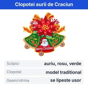 Sticker decorativ de Craciun cu clopotei aurii, pentru geam sau vitrina, 40x36,5cm - Img 2