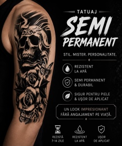 Tatuaj Semipermanent Craniu cu Trandafiri și Fluturi – 45 cm - Img 2