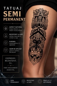 Tatuaj Semipermanent Tribal cu Mască Aztecă și Lup – 45 cm - Img 2