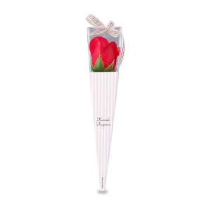 Trandafir roșu artificial, in cutie cadou transparentă cu funda, 25cm - Img 2