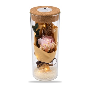 Trandafir roz de săpun în cupolă de sticlă cu lumini LED, buton ON/OFF, 25 cm - Img 2