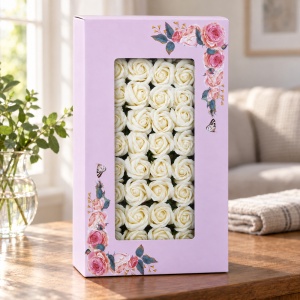 Trandafiri decorativi din săpun, set 50 bucăți, alb, cutie cadou, 5 cm - Img 4