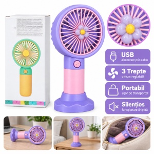 Ventilator portabil de mână cu USB, 3 trepte de viteză, model floare mov