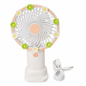 Ventilator portabil mini cu suport, USB, 3 viteze, design floral, alb
