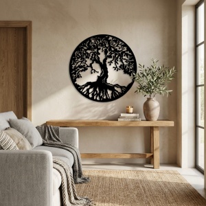 Decor perete metalic Copacul Vieții negru – decorațiune modernă pentru interior, 70 × 70 cm