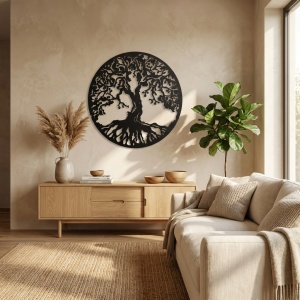 Decor perete metalic Copacul Vieții negru – decorațiune modernă pentru interior, 60 × 60 cm