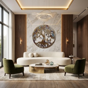Decor perete Copacul Vieții – familie 3 membri, mamă, tată și băiat, 100 × 100 cm