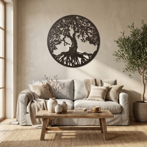 Decor perete metalic Copacul Vieții negru – decorațiune modernă pentru interior, 90 × 90 cm