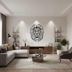 Decor perete metalic Cap de Leu negru – decorațiune modernă pentru interior, 60 × 48 cm