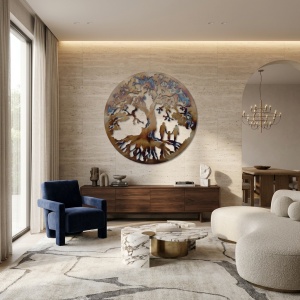 Decor perete Copacul Vieții – familie 3 membri, mamă, tată și fetiță, 100 × 100 cm
