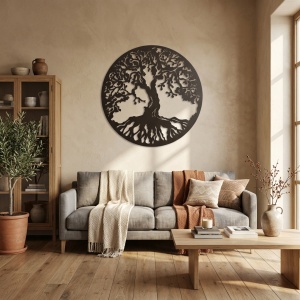 Decor perete metalic Copacul Vieții negru – decorațiune modernă pentru interior, 100 × 100 cm