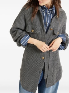 Brunello Cucinelli Virgin wool, cashmere and silk English rib belted cardigan with metal buttons - Img 3