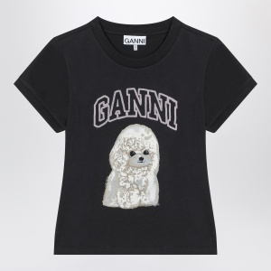 GANNI Washed black T-shirt with poodle print